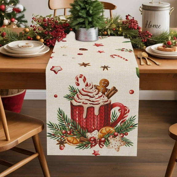 Burlap Table Runner 36 Inches Long,Retro Winter Gingerbread Man Non-Slip Kitchen Table Runners for Dining Room Everyday Use Party Table Decorations Cappuccino on Linen