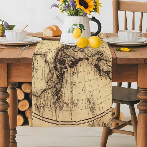 Burlap Table Runner 36 Inches Long, Retro Yellow World Map North America Asia Non-Slip Kitchen Table Runners for Dining Room Everyday Use Party Table Decorations Pacific Plate