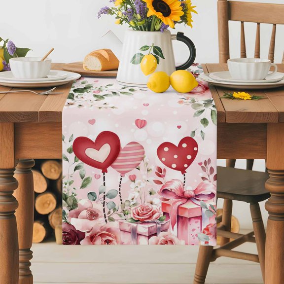 Burlap Table Runner 36 Inches Long, Romantic Valentine's Day Floral Non-Slip Kitchen Table Runners for Dining Room Everyday Use Party Table Decorations Love Heart Rose Leaf Present
