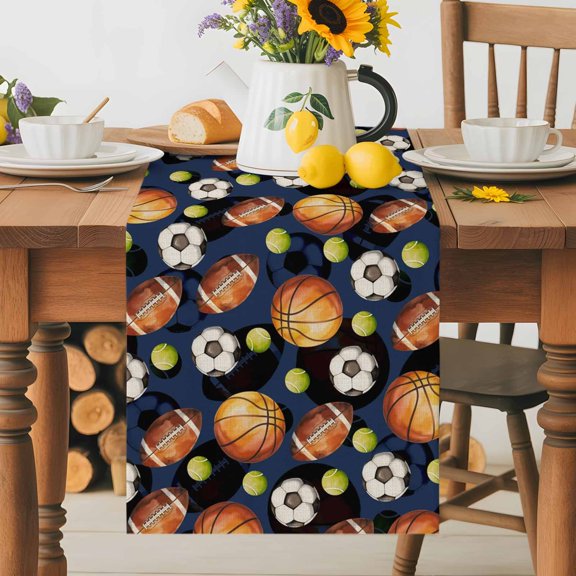 Burlap Table Runner 36 Inches Long, Rugby Football Tennis on Blue Non-Slip Kitchen Table Runners for Dining Room Everyday Use Party Table Decorations Funny Ball Sports