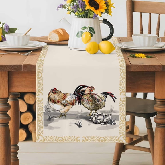 Burlap Table Runner 36 Inches Long, Rural Ink Art Farm Chicken Animals Non-Slip Kitchen Table Runners for Dining Room Everyday Use Party Table Decorations Golden Flowers Texture Border