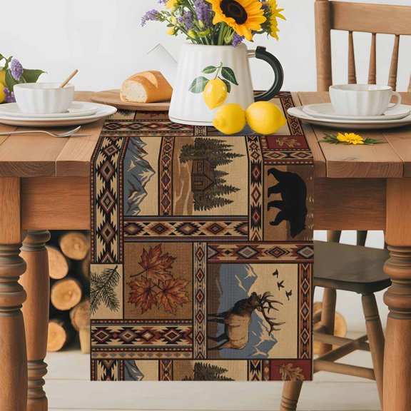 Burlap Table Runner 36 Inches Long, Rustic Elk Bear Mountain Forest Non-Slip Kitchen Table Runners for Dining Room Everyday Use Party Table Decorations Brown Buffalo Plaid