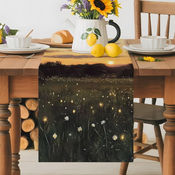 Burlap Table Runner 36 Inches Long, Rustic Grass Sunset Field Non-Slip Kitchen Table Runners for Dining Room Everyday Use Party Table Decorations Animals Fireflies Pattern