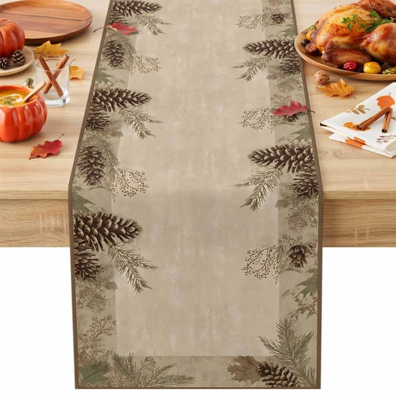 Burlap Table Runner 36 Inches Long, Rustic Pine Cones Leaves on Beige Non-Slip Kitchen Table Runners for Dining Room Everyday Use Party Table Decorations Farmhouse Plants