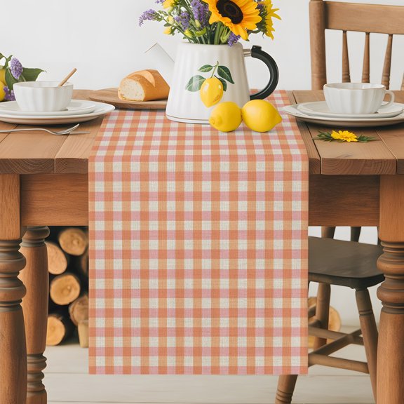 Burlap Table Runner 36 Inches Long, Rustic Vintage Buffalo Plaid Non-Slip Kitchen Table Runners for Dining Room Everyday Use Party Table Decorations Farmhouse Retro Orange Check