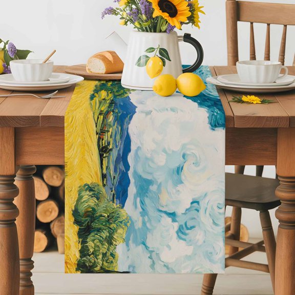 Burlap Table Runner 36 Inches Long, Rustic Wheat Field Landscape Non-Slip Kitchen Table Runners for Dining Room Everyday Use Party Table Decorations Pastoral Oil Painting Art