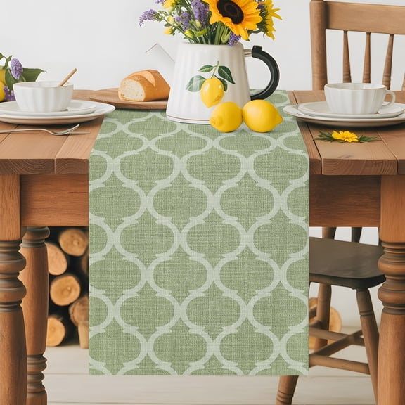 Burlap Table Runner 36 Inches Long, Sage Green Geometric Moroccan Non-Slip Kitchen Table Runners for Dining Room Everyday Use Party Table Decorations Mid Century Pattern