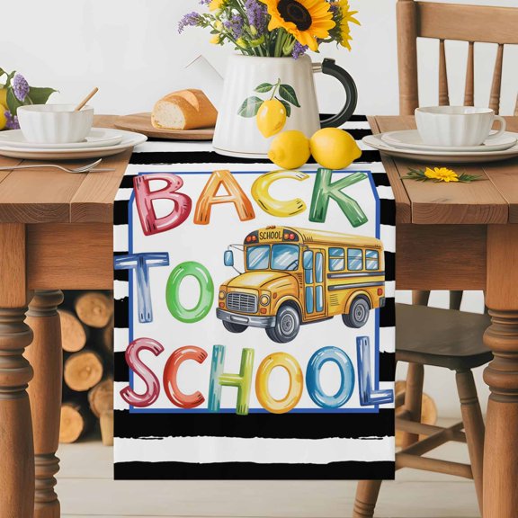 Burlap Table Runner 36 Inches Long, School Season Yellow Bus Non-Slip Kitchen Table Runners for Dining Room Everyday Use Party Table Decorations Black White Stripes