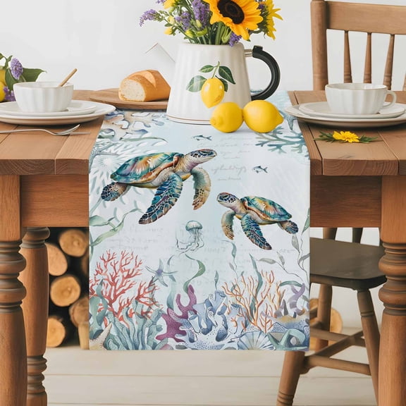 Burlap Table Runner 36 Inches Long,Sea Turtle Coral Seaweed Non-Slip Kitchen Table Runners for Dining Room Everyday Use Party Table Decorations Summer Coastal Nautical Theme