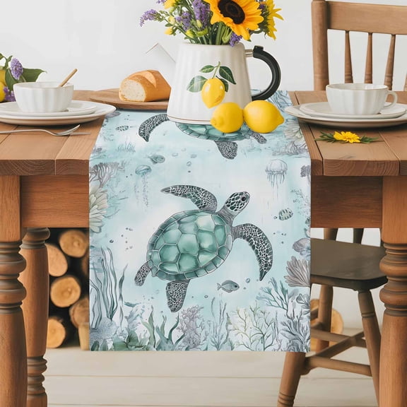 Burlap Table Runner 36 Inches Long,Sea Turtle Ocean Seaweed Cyan Non-Slip Kitchen Table Runners for Dining Room Everyday Use Party Table Decorations Fish Jellyfish Ocean World