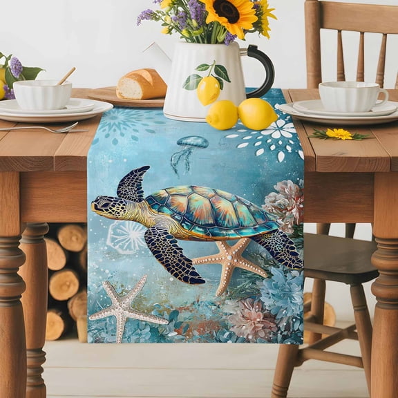 Burlap Table Runner 36 Inches Long,Sea Turtle Starfish Blue Ocean Non-Slip Kitchen Table Runners for Dining Room Everyday Use Party Table Decorations Underwater World Flower