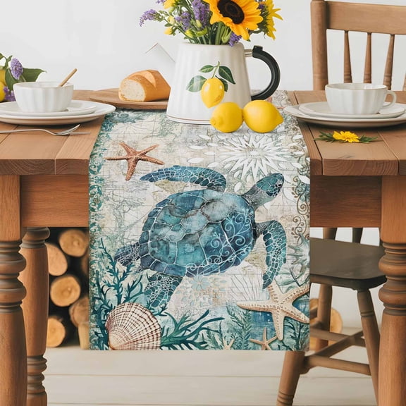 Burlap Table Runner 36 Inches Long,Sea Turtle Starfish Shell Coral Non-Slip Kitchen Table Runners for Dining Room Everyday Use Party Table Decorations Summer Ocean Animal