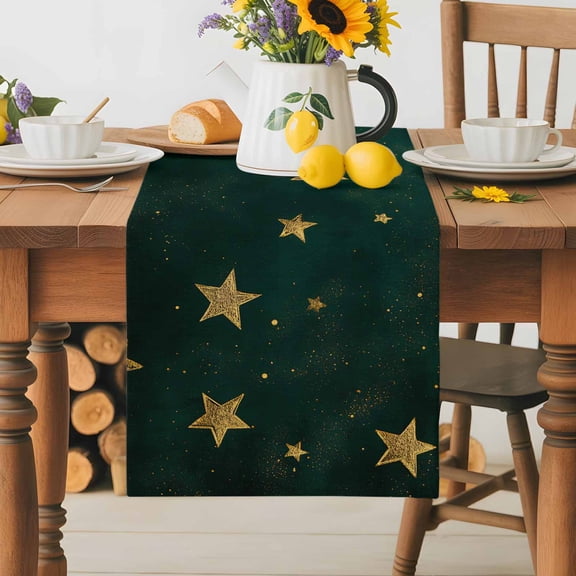 Burlap Table Runner 36 Inches Long,Seamless Gold Star on Hunter Green Non-Slip Kitchen Table Runners for Dining Room Everyday Use Party Table Decorations Dream Starry Sky