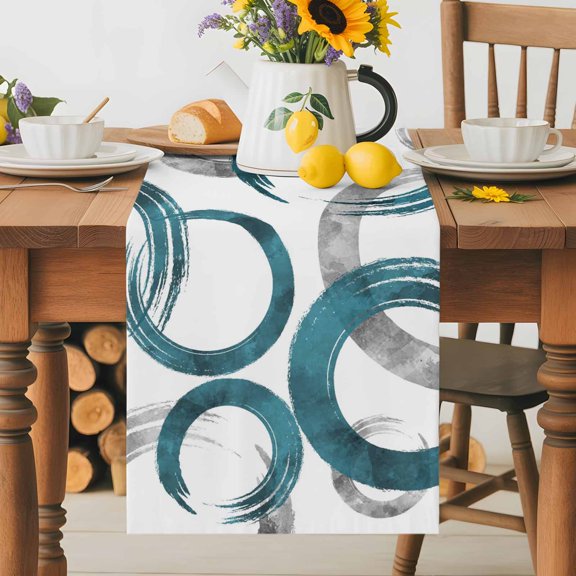 Burlap Table Runner 36 Inches Long, Simple Geometric Painting Circle Non-Slip Kitchen Table Runners for Dining Room Everyday Use Party Table Decorations Green Grey on White