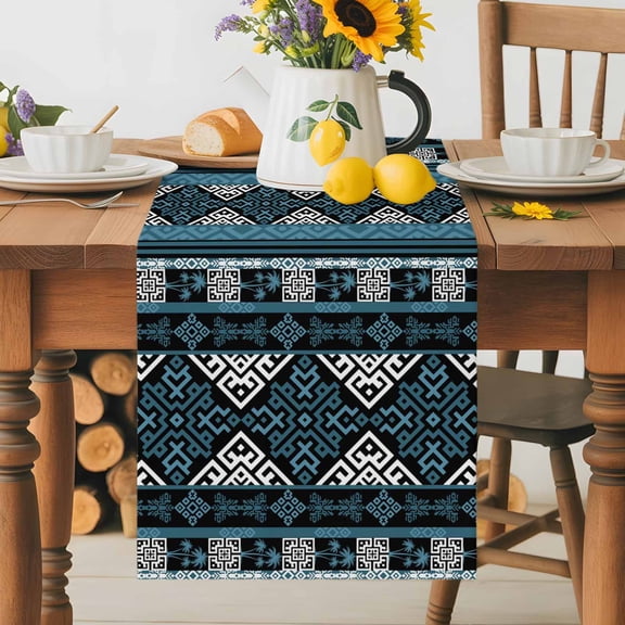 Burlap Table Runner 36 Inches Long, Southwestern Aztec Blue Geometric Non-Slip Kitchen Table Runners for Dining Room Everyday Use Party Table Decorations Vintage Tribal Pattern