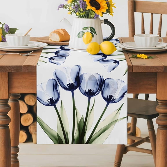 Burlap Table Runner 36 Inches Long,Spring Blossom Blue Tulip Non-Slip Kitchen Table Runners for Dining Room Everyday Use Party Table Decorations Watercolor Flower Green Leaves