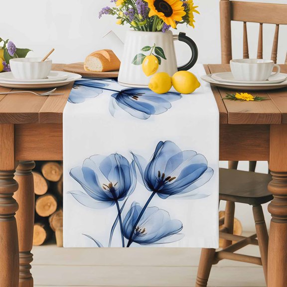 Burlap Table Runner 36 Inches Long, Spring Blossom Tulip Blue Flower Non-Slip Kitchen Table Runners for Dining Room Everyday Use Party Table Decorations Abstract Transparent Floral