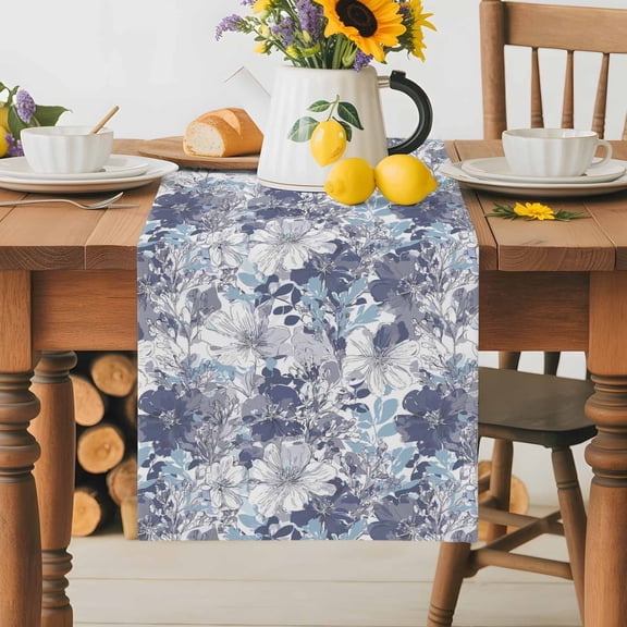 Burlap Table Runner 36 Inches Long, Spring Blue Wildflowers Non-Slip Kitchen Table Runners for Dining Room Everyday Use Party Table Decorations Retro Country Floral Art