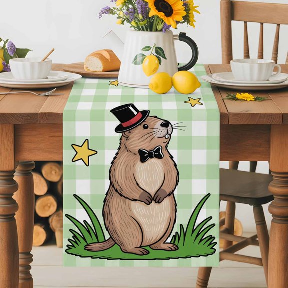 Burlap Table Runner 36 Inches Long, Spring Is Coming Words Non-Slip Kitchen Table Runners for Dining Room Everyday Use Party Table Decorations Groundhog on Green Plaid