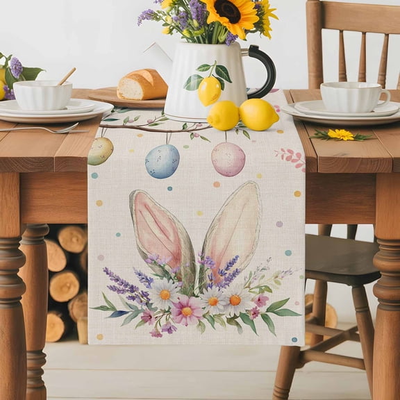 Burlap Table Runner 36 Inches Long,Spring Easter Flower Rabbit Ears Non-Slip Kitchen Table Runners for Dining Room Everyday Use Party Table Decorations Colorful Egg Tre Branch Flax
