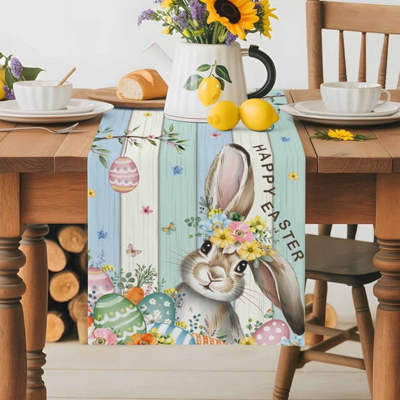 Burlap Table Runner 36 Inches Long, Spring Easter Rabbit Egg Non-Slip Kitchen Table Runners for Dining Room Everyday Use Party Table Decorations Farmhouse Animal Plant Wood Board