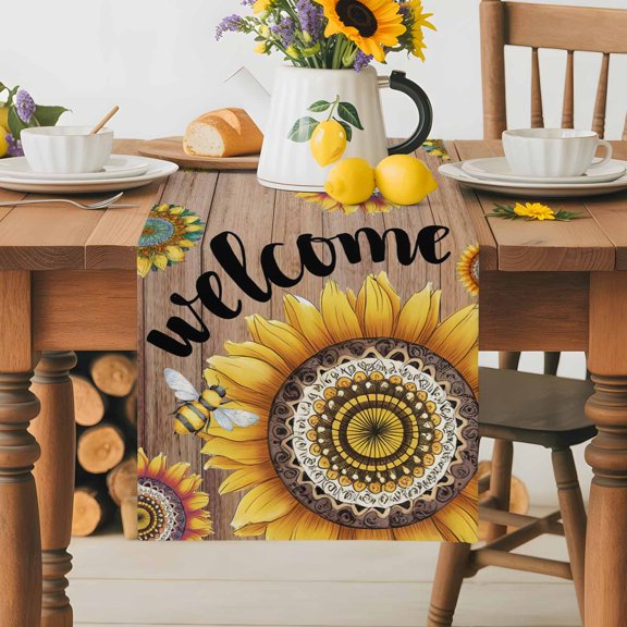 Burlap Table Runner 36 Inches Long,Spring Farm Blossom Sunflower Bee Non-Slip Kitchen Table Runners for Dining Room Everyday Use Party Table Decorations Ethnic Flower Wood Grain