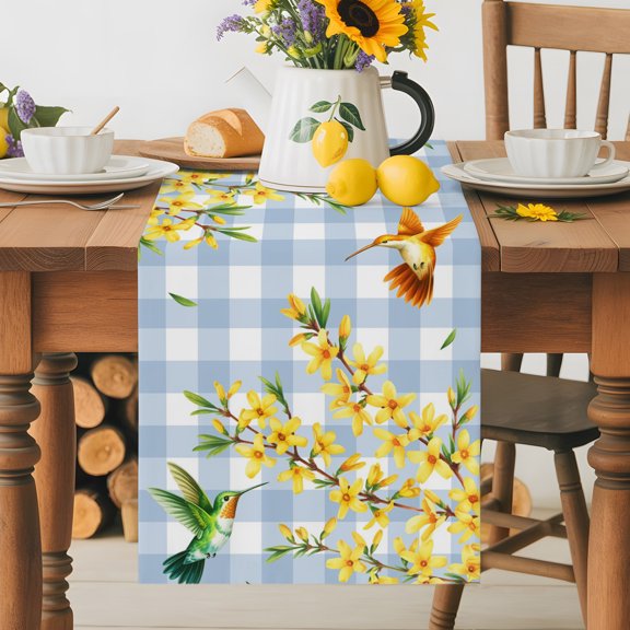 Burlap Table Runner 36 Inches Long, Spring Spreaded Flowers Non-Slip Kitchen Table Runners for Dining Room Everyday Use Party Table Decorations Birds Blue White Check