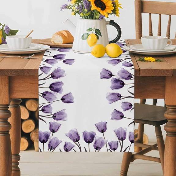 Burlap Table Runner 36 Inches Long, Spring Summer Purple Tulip Flower Leaves Non-Slip Kitchen Table Runners for Dining Room Everyday Use Party Table Decorations Watercolor Floral