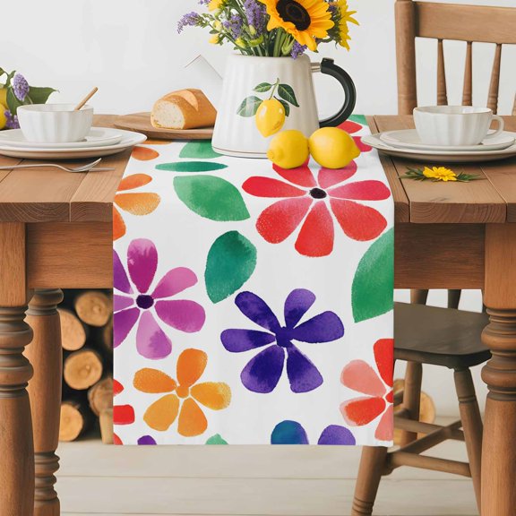 Burlap Table Runner 36 Inches Long,Spring Watercolor Floral Illustration Non-Slip Kitchen Table Runners for Dining Room Everyday Use Party Table Decorations Colorful Flowers