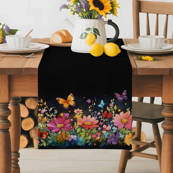 Burlap Table Runner 36 Inches Long,Spring Watercolor Flower Butterfly Non-Slip Kitchen Table Runners for Dining Room Everyday Use Party Table Decorations Country Plant on Black
