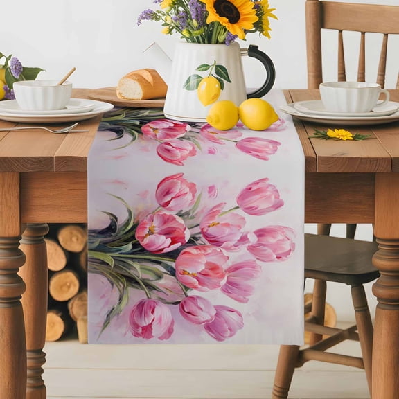 Burlap Table Runner 36 Inches Long,Spring Watercolor Pink Tulip Flower Non-Slip Kitchen Table Runners for Dining Room Everyday Use Party Table Decorations Floral Leaves Oil Painting
