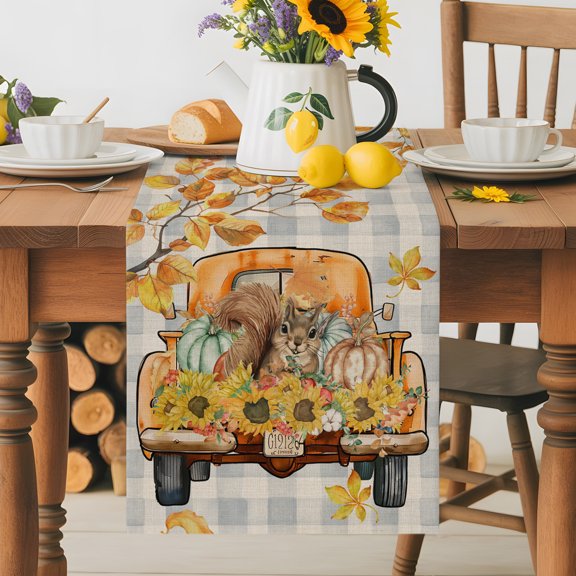 Burlap Table Runner 36 Inches Long, Squirrel Pumpkin Truck Fall Thanksgiving Non-Slip Kitchen Table Runners for Dining Room Everyday Use Party Table Decorations Country Plaid Vintage Linen