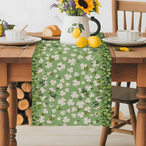Burlap Table Runner 36 Inches Long,St Patrick Watercolor Shamrock Leaf Non-Slip Kitchen Table Runners for Dining Room Everyday Use Party Table Decorations Green White Clovers on Burlap