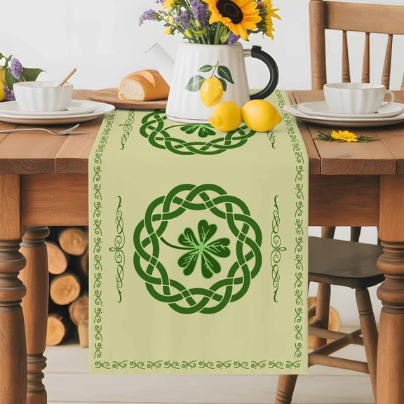 Burlap Table Runner 36 Inches Long, St. Patrick's Day Celtic Cone Non-Slip Kitchen Table Runners for Dining Room Everyday Use Party Table Decorations Green Lucky Shamrock on Beige