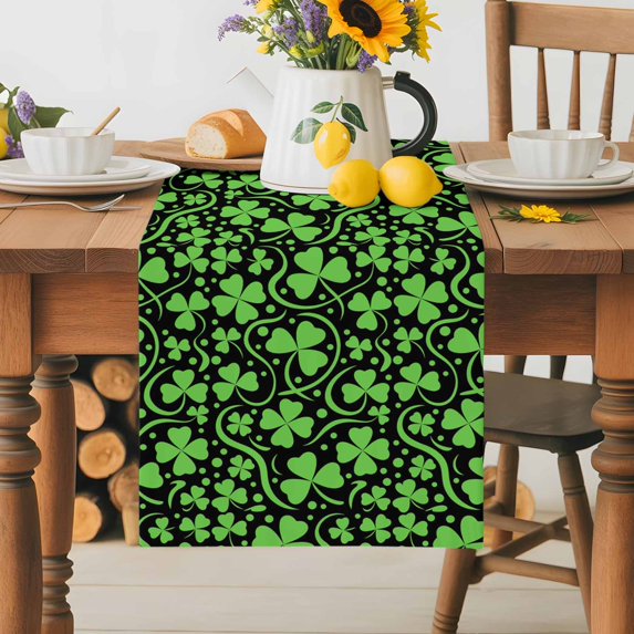 Burlap Table Runner 36 Inches Long,St. Patrick's Day Shamrock Non-Slip Kitchen Table Runners for Dining Room Everyday Use Party Table Decorations Seamless Green Leaf on Black