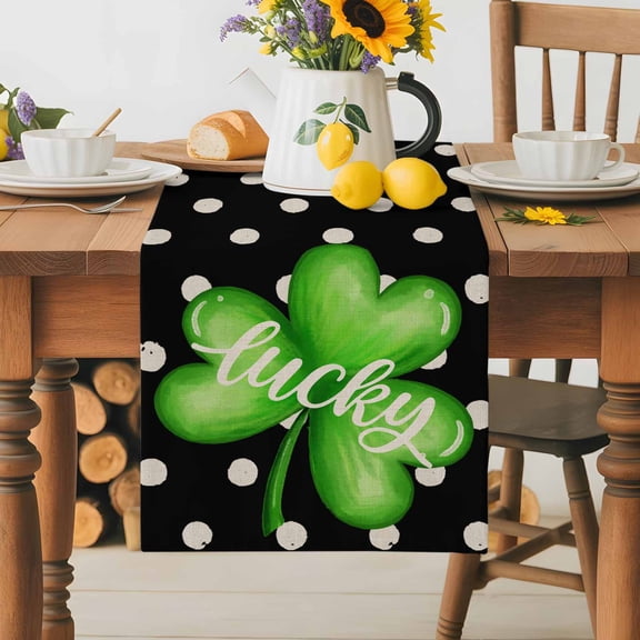 Burlap Table Runner 36 Inches Long,St. Patrick's Day Spring Lucky Shamrocks Non-Slip Kitchen Table Runners for Dining Room Everyday Use Party Table Decorations Polka Dots on Black
