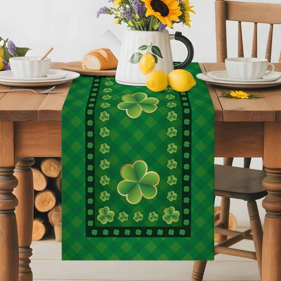 Burlap Table Runner 36 Inches Long, St. Patrick's day Celtic Knots Lucky Green Clover Non-Slip Kitchen Table Runners for Dining Room Everyday Use Party Table Decorations Buffalo Plaid
