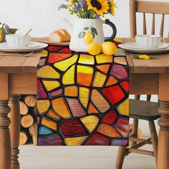 Burlap Table Runner 36 Inches Long,Stained Glass Colorful Gradient Non-Slip Kitchen Table Runners for Dining Room Everyday Use Party Table Decorations Abstract Geometric