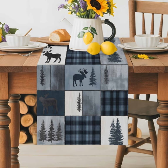 Burlap Table Runner 36 Inches Long, Stitching Plaid Tree Deer Non-Slip Kitchen Table Runners for Dining Room Everyday Use Party Table Decorations Natural Forest Scenery