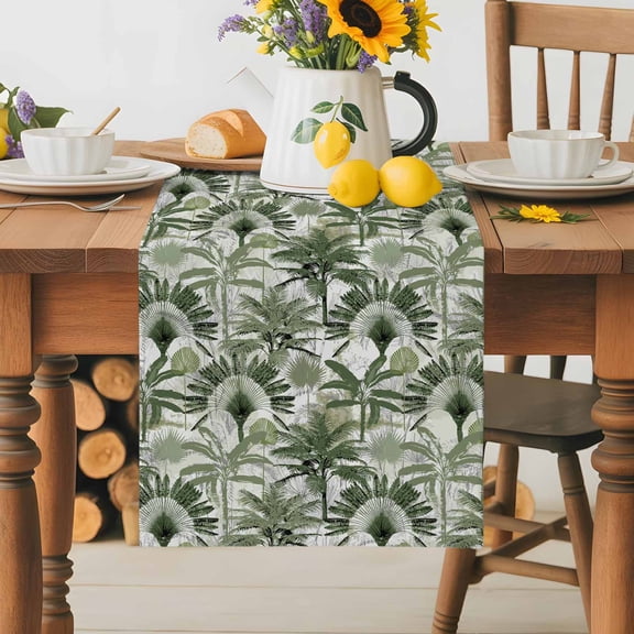 Burlap Table Runner 36 Inches Long, Summer Abstract Watercolor Plant Non-Slip Kitchen Table Runners for Dining Room Everyday Use Party Table Decorations Tropical Green Palm Tree Leaf