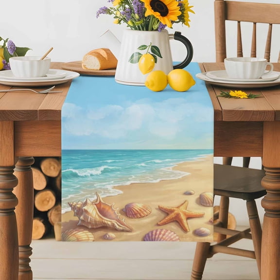 Burlap Table Runner 36 Inches Long, Summer Beach Ocean Starfish Conch Non-Slip Kitchen Table Runners for Dining Room Everyday Use Party Table Decorations Marine Theme Sea Shell