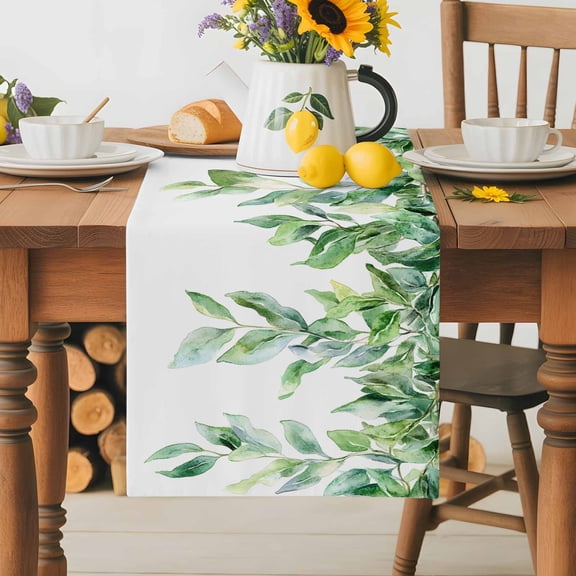 Burlap Table Runner 36 Inches Long, Summer Country Green Foliage Non-Slip Kitchen Table Runners for Dining Room Everyday Use Party Table Decorations Simple Watercolor Greenery