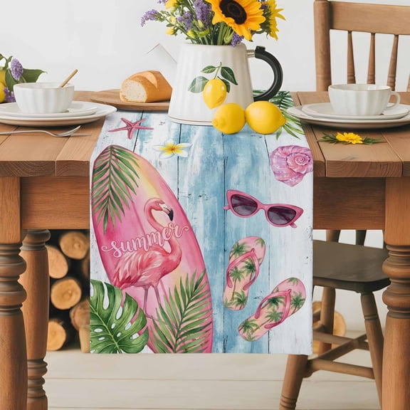 Burlap Table Runner 36 Inches Long,Summer Flamingo Surfboard Non-Slip Kitchen Table Runners for Dining Room Everyday Use Party Table Decorations Beach Leaf Flower Blue Wood
