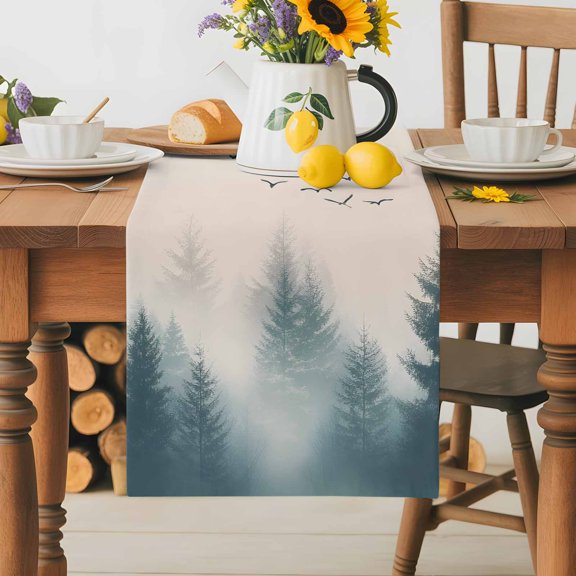 Burlap Table Runner 36 Inches Long,Summer Foggy Forest Flying Bird Non-Slip Kitchen Table Runners for Dining Room Everyday Use Party Table Decorations Retro Watercolor Tree