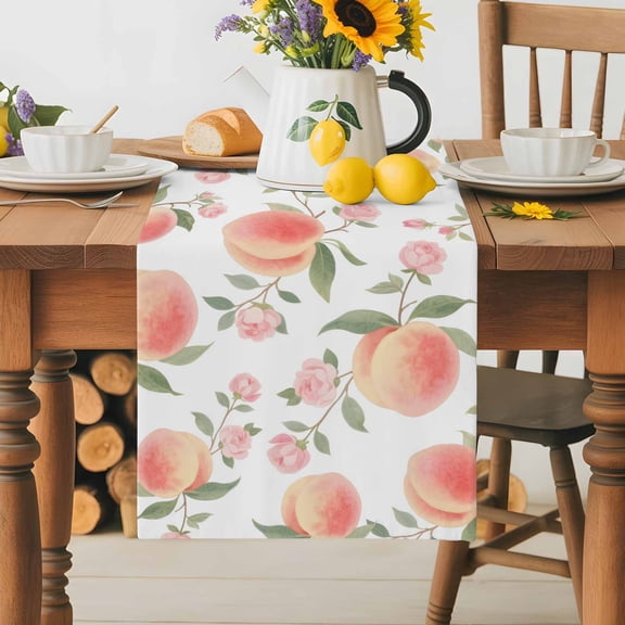 Burlap Table Runner 36 Inches Long,Summer Fruit Pink Honey Peach Non-Slip Kitchen Table Runners for Dining Room Everyday Use Party Table Decorations Watercolor Plants