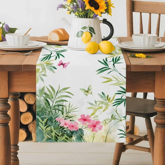 Burlap Table Runner 36 Inches Long,Summer Green Leaf Tropical Plant Non-Slip Kitchen Table Runners for Dining Room Everyday Use Party Table Decorations Butterfly Wildflower Watercolor
