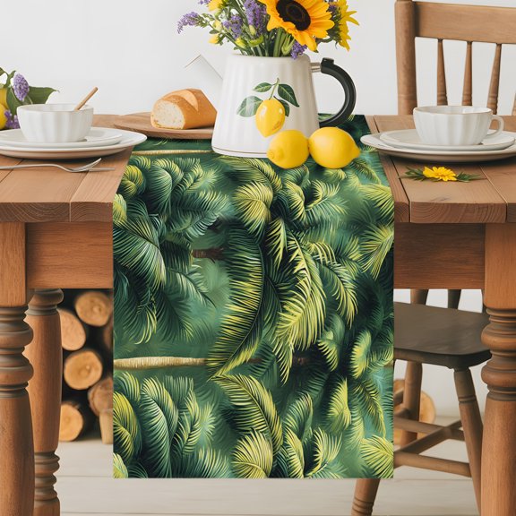 Burlap Table Runner 36 Inches Long, Summer Green Palm Leaves Tree Non-Slip Kitchen Table Runners for Dining Room Everyday Use Party Table Decorations Tropical Plant