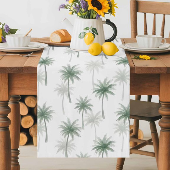 Burlap Table Runner 36 Inches Long, Summer Green Palm Tree Non-Slip Kitchen Table Runners for Dining Room Everyday Use Party Table Decorations Watercolor Botanical Tropical Trees