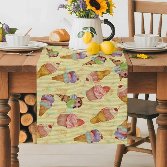 Burlap Table Runner 36 Inches Long,Summer Ice-cream Seamless Cake Non-Slip Kitchen Table Runners for Dining Room Everyday Use Party Table Decorations Cherries Sweet Dessert