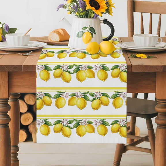 Burlap Table Runner 36 Inches Long,Summer Lemon Flower Leaf Non-Slip Kitchen Table Runners for Dining Room Everyday Use Party Table Decorations Yellow Fruit Minimalist Stripe